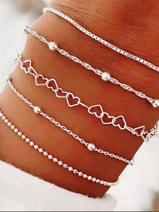 Jewelry - Silver Plated 5 Pcs. Link Stackable Bracelet Set